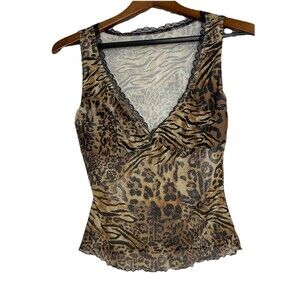 Women's Medium Y2K Animal Print Sleeveless Tank Top Sheer Vneck Lace Cheetah
